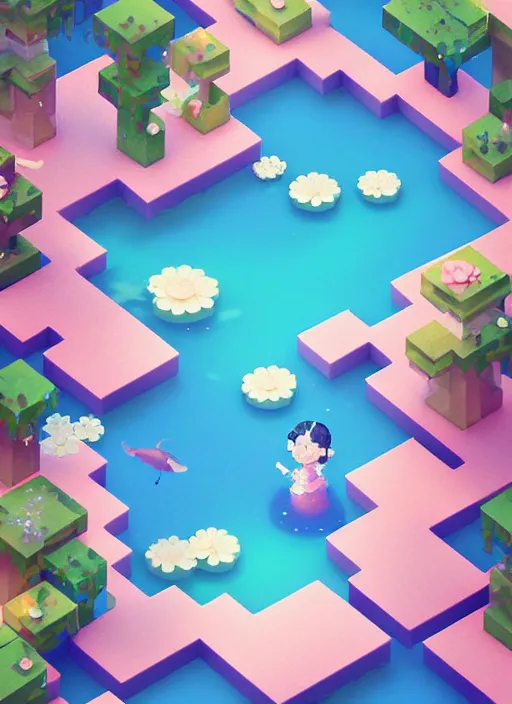 Image similar to sparkling pastel cute voxel art of a koi pond, behance, artstation, cute, Japanese, 3d render, unity, beautiful lighting, extremely beautiful, very beautiful award winning art Huang Guangjian and Gil Elvgren and Sachin Teng , Greg Manchess