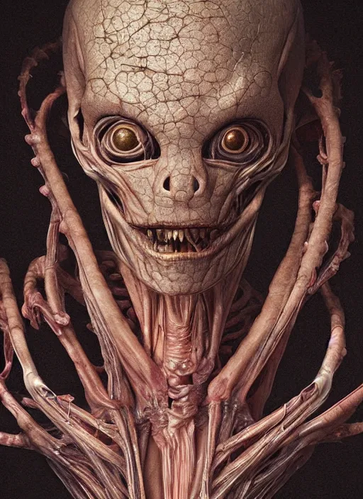 Image similar to alien head with translucent skin, visible muscles and veins and arteries and bones and spines and nerves, beautiful detailed intricate insanely detailed octane render, 8k artistic photography, photorealistic, chiaroscuro, by David Cronenberg, Raphael, Caravaggio