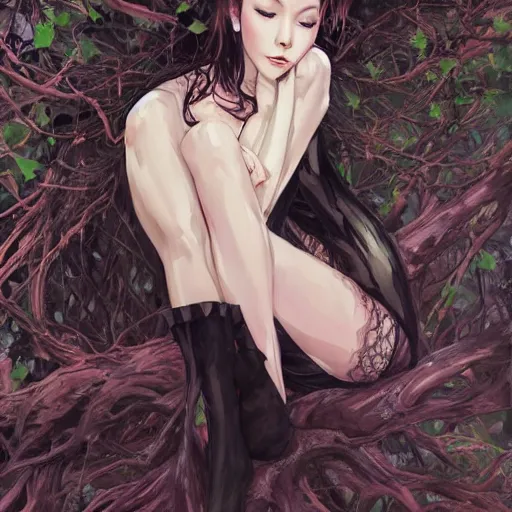 Prompt: a girl wearing a black lace dress and thigh highs sits on a tree, digital art, beautiful face, expressive oil painting, by yoshitaka amano, by artgerm, by conrad roset, by makoto shinkai, volumetrics, mood