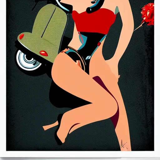 Image similar to vespa scooter, pinup girl, retro poster