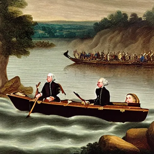 Prompt: painting of george washington talking on his iphone as he crosses the delaware river