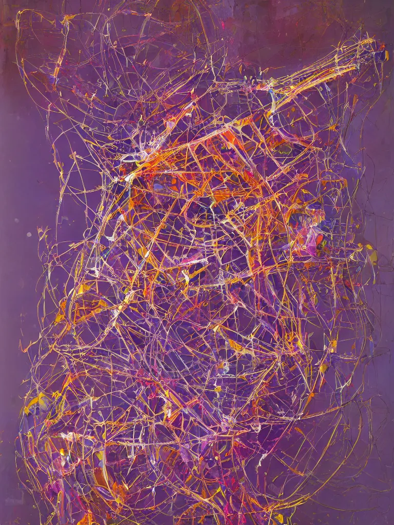 Image similar to a beautiful glitched abstract geometric painting by robert proch and robert heindel of an anatomy spinal structure study of the human nervous system on top of rectangle shapes, color bleeding, pixel sorting, copper oxide and rust materials, brushstrokes by jeremy mann, cold top lighting, pastel purple background