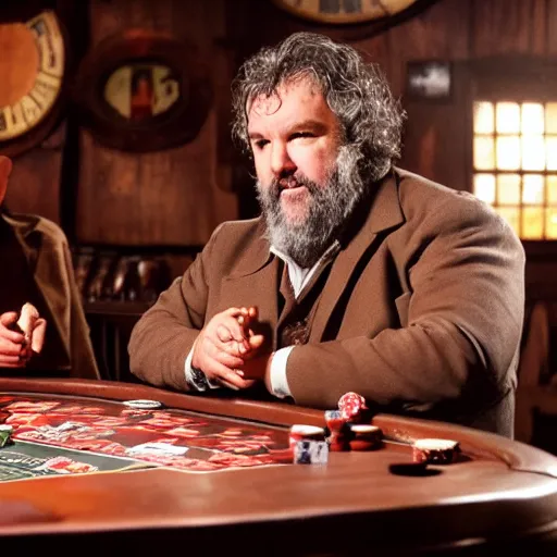 Prompt: Peter Jackson playing poker in wild west saloon, feature shotguns, dramatic lighting