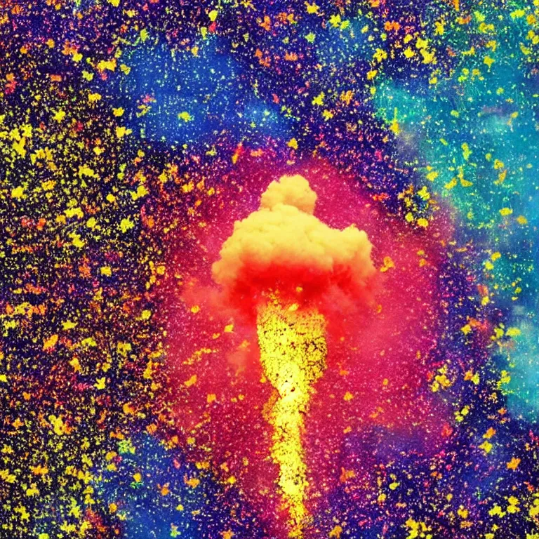 Prompt: huge explosion with mushroom cloud, birds eye view, glitter, paint splatters, fireflies, small group of people get covered in paint and glitter