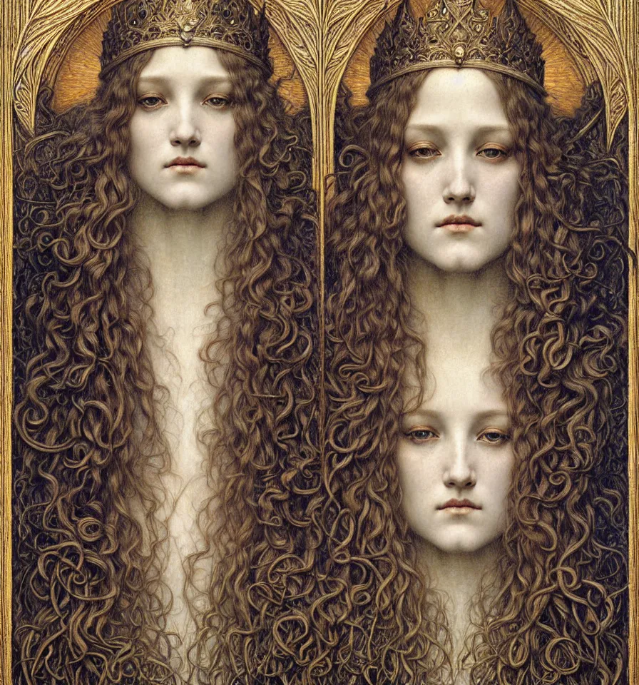 Image similar to detailed realistic beautiful young medieval queen face portrait by jean delville, gustave dore and marco mazzoni, art nouveau, symbolist, visionary, gothic, pre - raphaelite. horizontal symmetry