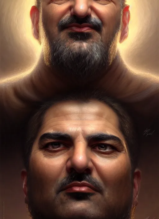 Image similar to closeup portrait shot of rafic hariri, intricate, elegant, highly detailed, centered, digital painting, artstation, concept art, smooth, sharp focus, illustration, artgerm, tomasz alen kopera, peter mohrbacher, donato giancola, joseph christian leyendecker, wlop, boris vallejo