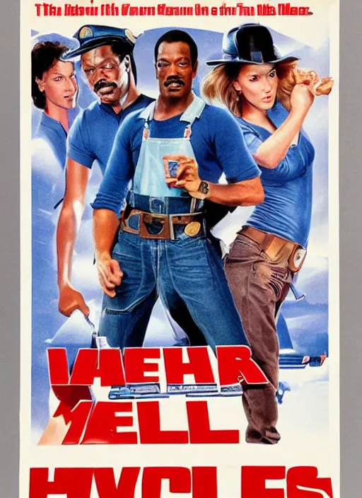 Image similar to an 8 0's john alvin action movie poster starring eddie murphy face as a plumber to rich people. bathroom. overalls. tool belt. the movie is called with text beverly hills crap