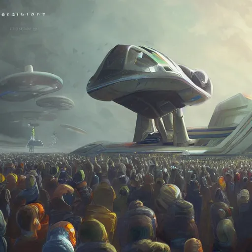 Prompt: thousands of people next to a big spaceship, artstation