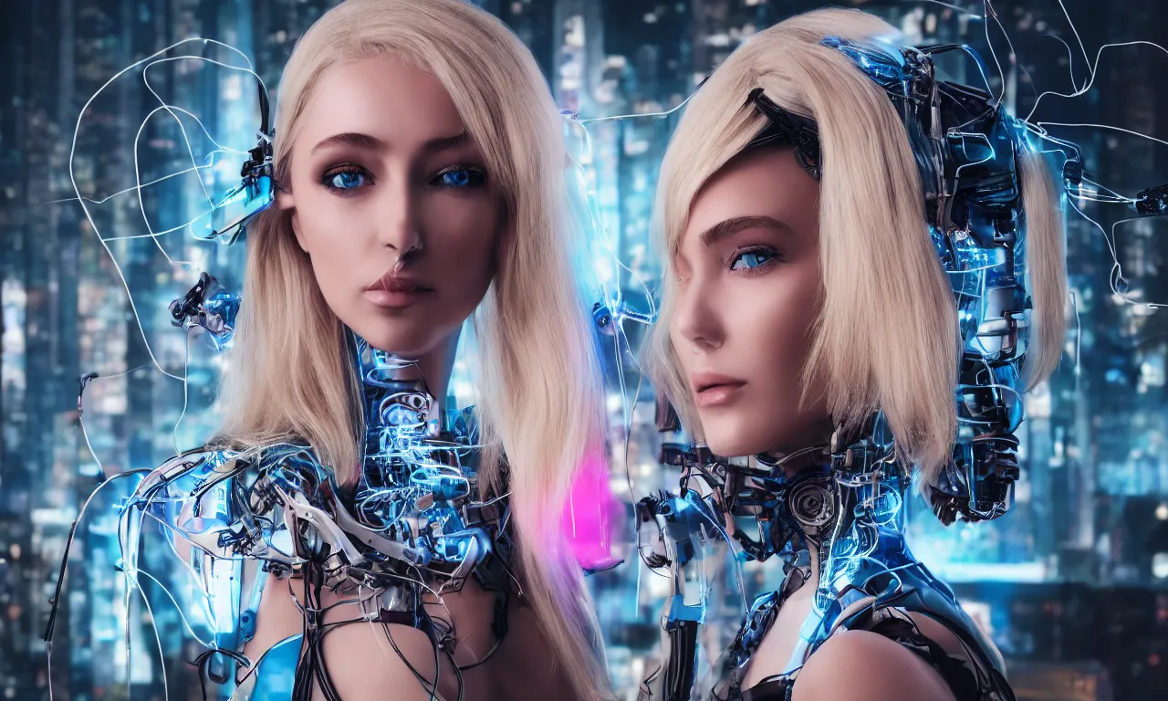 Image similar to A beautiful blonde model who is half of a robot with wires coming out of her head, Cyberpunk, neon, 60s, Sony a7R IV, symmetric balance, polarizing filter, Photolab, Lightroom, 4K, Dolby Vision, Photography Award