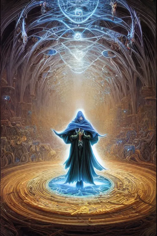 Image similar to an advanced technological computer!!!!!, surrounded by a dark cabal of hooded elven mystics with long robes gathered in a circular formation, michael whelan, dan seagrave, boris vallejo, quantum computer!!!! quantum computer