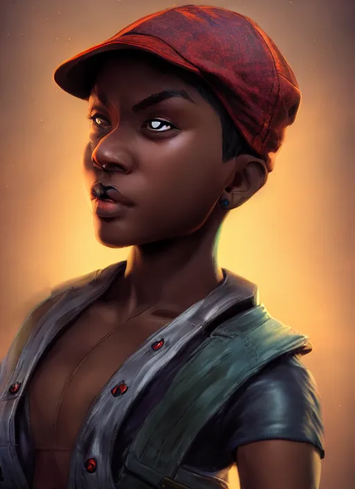 Image similar to An epic fantasy comic book style portrait painting of a young dark skinned girl with short hair wearing fantasy clothes dressed as a boy and wearing newsboy cap, unreal 5, DAZ, hyperrealistic, octane render, cosplay, RPG portrait, dynamic lighting