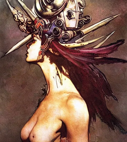 Prompt: princess of the wasteland, scrap metal headdress, strong line, deep color, high contrast, beautiful! coherent! by brian froud, by frank frazetta, low angle