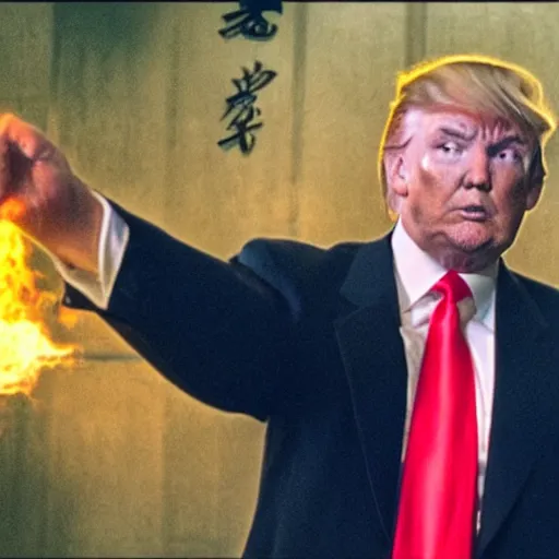 Prompt: film still from The 36th Chamber of Shaolin, Master Donald Trump fights Obama Killer