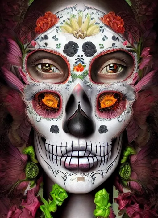 Image similar to dia de los muertos theme surrealist art in the styles of igor morski, jim warren, and giuseppe mastromatteo, intricate, hyperrealistic, accurate facial details, profile picture with chromakey!!!!! background, volumetric lighting