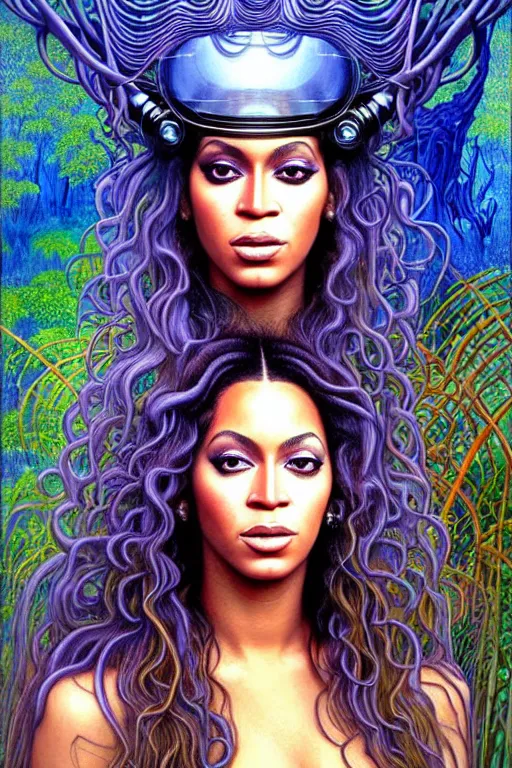 Image similar to realistic detailed face portrait painting of the beautiful beyonce with long hair with sci-fi headwear, futuristic sci-fi forest on background by Jean Delville, Amano, Yves Tanguy, Alphonse Mucha, Edward Robert Hughes, Roger Dean, rich moody colours, blue eyes