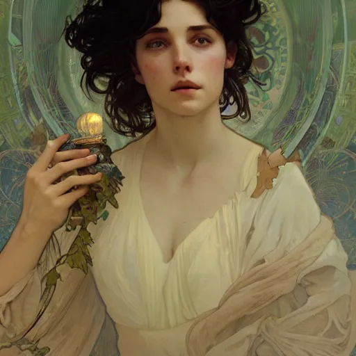 Prompt: A dreamy sleepy young woman with very short dark curly hair, portrait art by alphonse mucha and greg rutkowski, highly detailed, digital painting, concept art, illustration, dim lighting with twilight rays of sunlight coming through the window with closed shutters, trending on artstation, very detailed, smooth, sharp focus, octane render