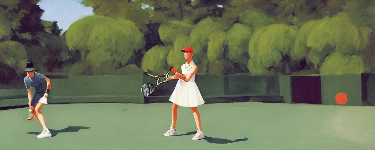 Prompt: a pickle playing tennis in a botanic garden by Edward Hopper and James Gilleard