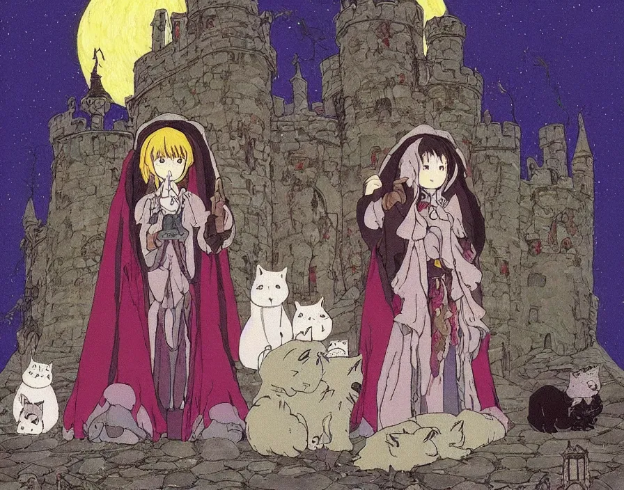 Image similar to a cute old witch queen wearing a heavily embroidered velvet cloak, surrounded by fluffy cats, in a old medieval castle, by hayao miyazaki, studio ghibli, anime masterpiece, sharp, wide angle shot, head to toe, standing pose, feet on the ground