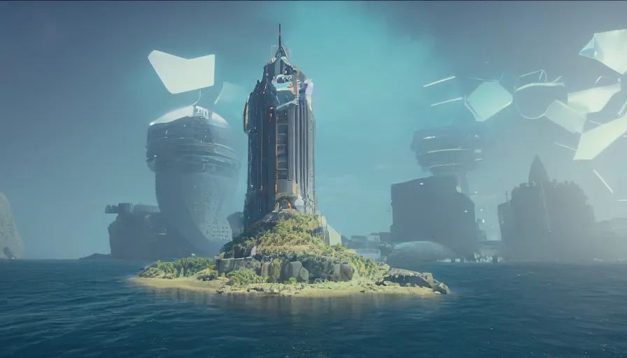 Image similar to a island in the middle of the ocean with a large cyberpunk tower on it, octane, redshift, volumetric lighting, reflections