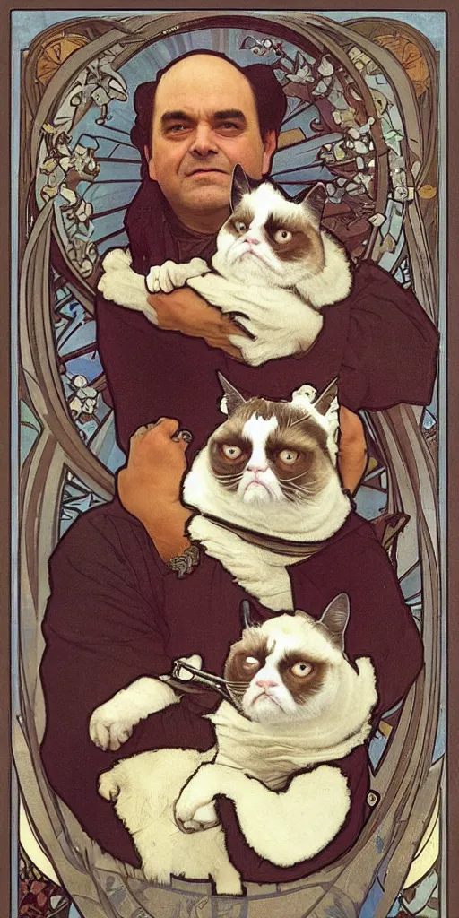 Image similar to “ george costanza from seinfeld holding grumpy cat, halo, art nouveau, extremely detailed, by alphonse mucha ”