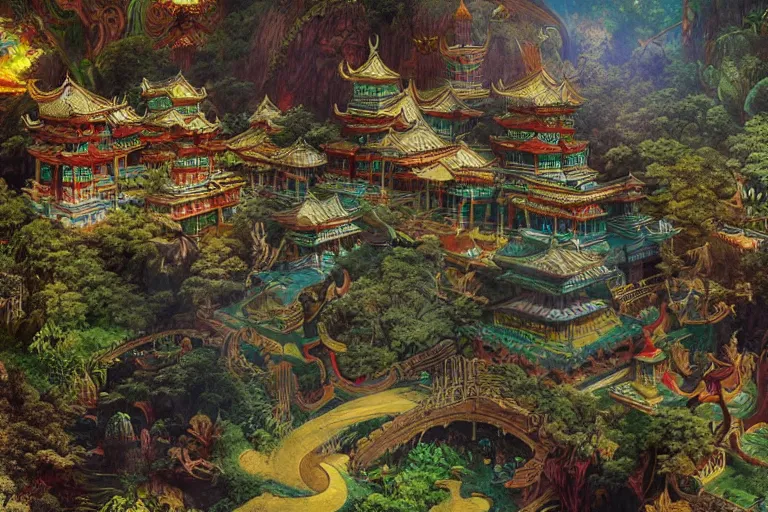 Prompt: the mythical buddhist kingdom of shambhala, in the style of frank frazetta and bob pepper, ultra realistic, atmosphere glow, detailed intricate, colorful, cinematic lighting, unreal engine, god lighting