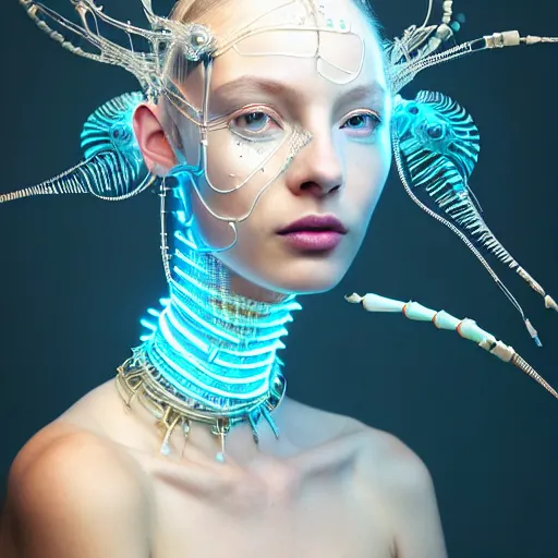 Prompt: portrait of an absurdly beautiful, graceful, sophisticated, fashionable cyberpunk mechanoid, hyperdetailed illustration by irakli nadar, matt wisniewski style, intricate linework, white porcelain skin, iridescent fractal headdress, day - glow facepaint, jellyfish led electronic ruff neckware, unreal engine 5 highly rendered, global illumination, radiant light, detailed and intricate environment