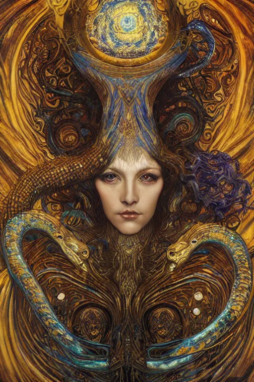 Image similar to Rebirth by Karol Bak, Jean Deville, Gustav Klimt, and Vincent Van Gogh, mysterious portrait of a sacred serpent, Surreality, radiant halo, shed iridescent snakeskin, otherworldly, fractal structures, celestial, arcane, ornate gilded medieval icon, third eye, spirals