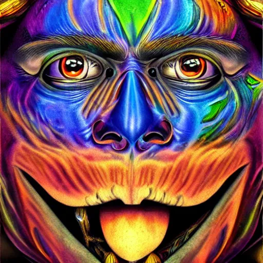 Image similar to stylized psychedelic airbrush art of an orc on a motorcycle