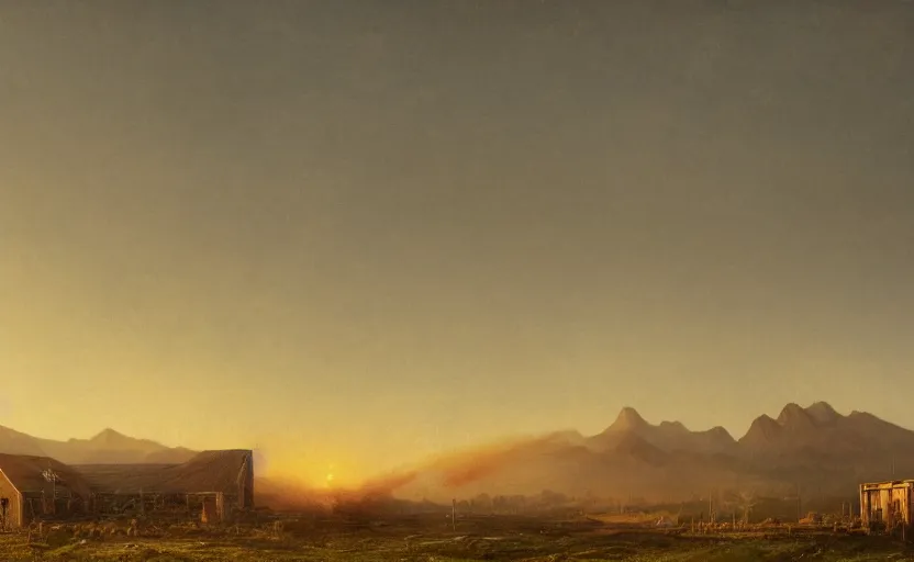 Prompt: airport in a field, close up shot, smoke billowing out, rocky, at dusk, distant mountains, 4k, rule of thirds, extreme detail, hazy, intricate ink illustration, surreal, surrealist, trending on artstation, cgsociety, hd, calm, complimentary colours, realistic lighting, by Albert Bierstadt, Frederic Edwin Church.