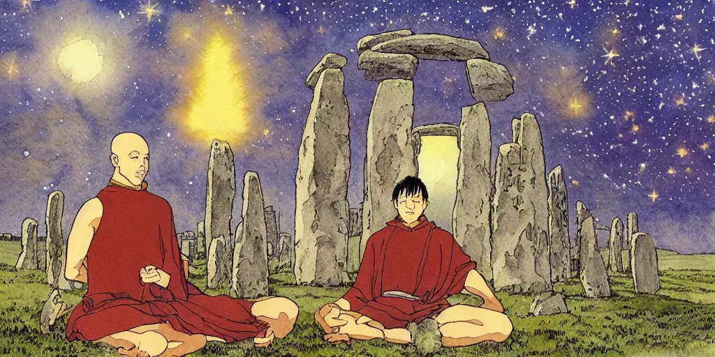 Prompt: a hyperrealist studio ghibli watercolor fantasy concept art of a giant medieval monk in lotus position in stonehenge with a starry sky in the background. a giant gold ufo is floating in the air. by rebecca guay, michael kaluta, charles vess