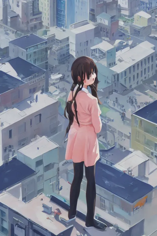 Prompt: a cute giantess wearing school uniform standing in the city which seem small, bird's eye view, gouache, 8 k wallpaper, strong brush stroke, very high detailed, sharp focus, illustration, morandi color scheme, art station, by shinkai makoto