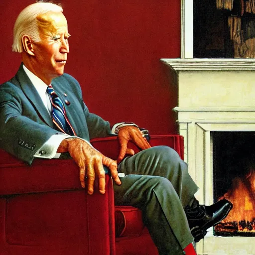 Image similar to Norman Rockwell portrait of Joe Biden. He's sitting on a chair, cozy fire