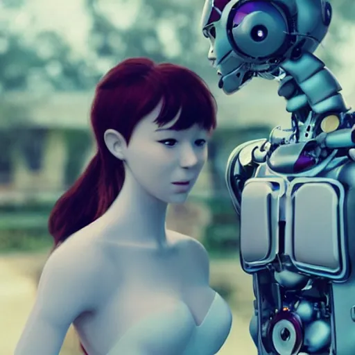 Prompt: robot love at first sight, dreamy, photorealistic filmed on 35mm, high quality