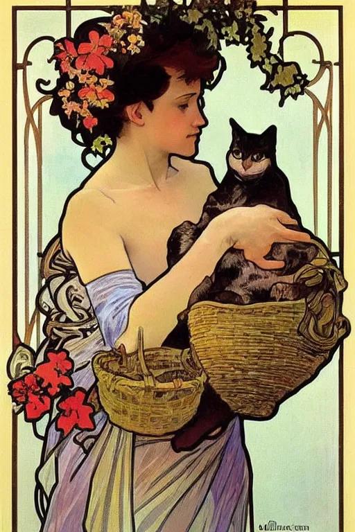 Prompt: a woman holding a cat in a floral basket, Alphonse Mucha background,