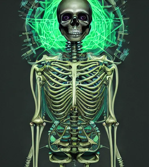 Prompt: portrait of a cyber skeleton with green runes by dariusz zawadzki, kenneth blom, mental alchemy, james jean, pablo amaringo, naudline pierre, contemporary art, hyper detailed