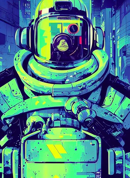 Prompt: cyberpunk hazmat police trooper by josan gonzalez splash art graphic design color splash high contrasting art, fantasy, highly detailed, art by greg rutkowski