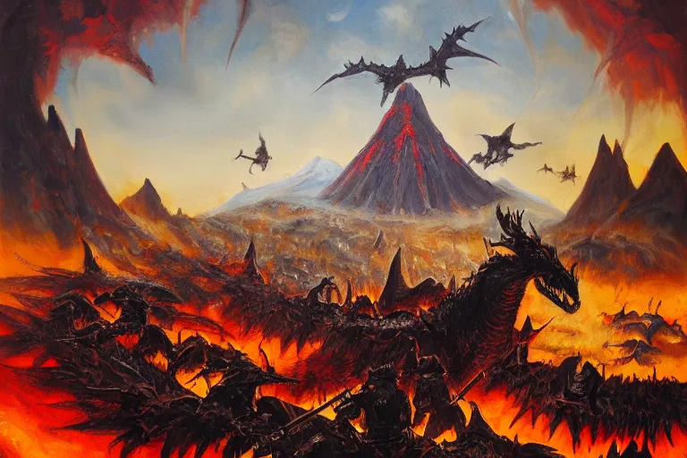 Image similar to oil painting mordor with dragons flying and knights fighting,