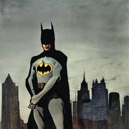 Prompt: Andrew Wyeth artwork, Batman in the city