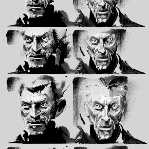 Prompt: faces reference sheet of old - man by ashley wood and j. m. w. turner, speed painting, matte painting, monochrome