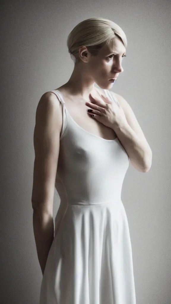 Image similar to emily skinner cosplaying annie leonhart wearing open toe heels and wearing a white dress in a white room looking up, beautiful face, pale skin, rule of thirds, cinematic lighting, rainy weather, melancholy atmosphere, sharp focus, backlit, stunning, smooth, hard focus, full body shot, studio photo, shot on sony a 7 iii, hyper realistic,