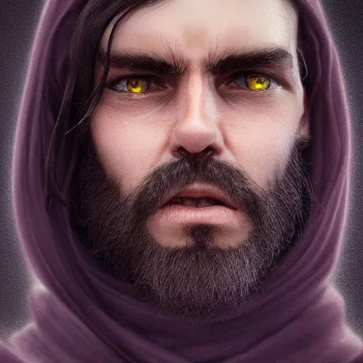 Image similar to a highly detailed portrait of a man without a beard, purple eyes, light gray long hair, wearing a black cloak, artstation, DeviantArt, professional, octane render