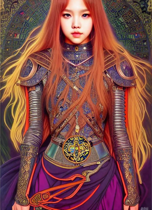 Image similar to lalisa manoban of blackpink, medieval armor, tarot card, highly detailed, digital painting, smooth, sharp focus, illustration, ultra realistic, 8 k, art by artgerm and alphonse mucha