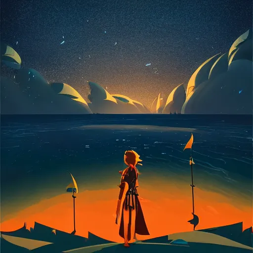 Image similar to sea under starry sky, animated film, stylised, illustration,, fantasy art, 2 d game art, by eyvind earle, scott wills, genndy tartakovski, roman shipunov, etienne hebinger, atey ghailan, cgsociety, cynical realism