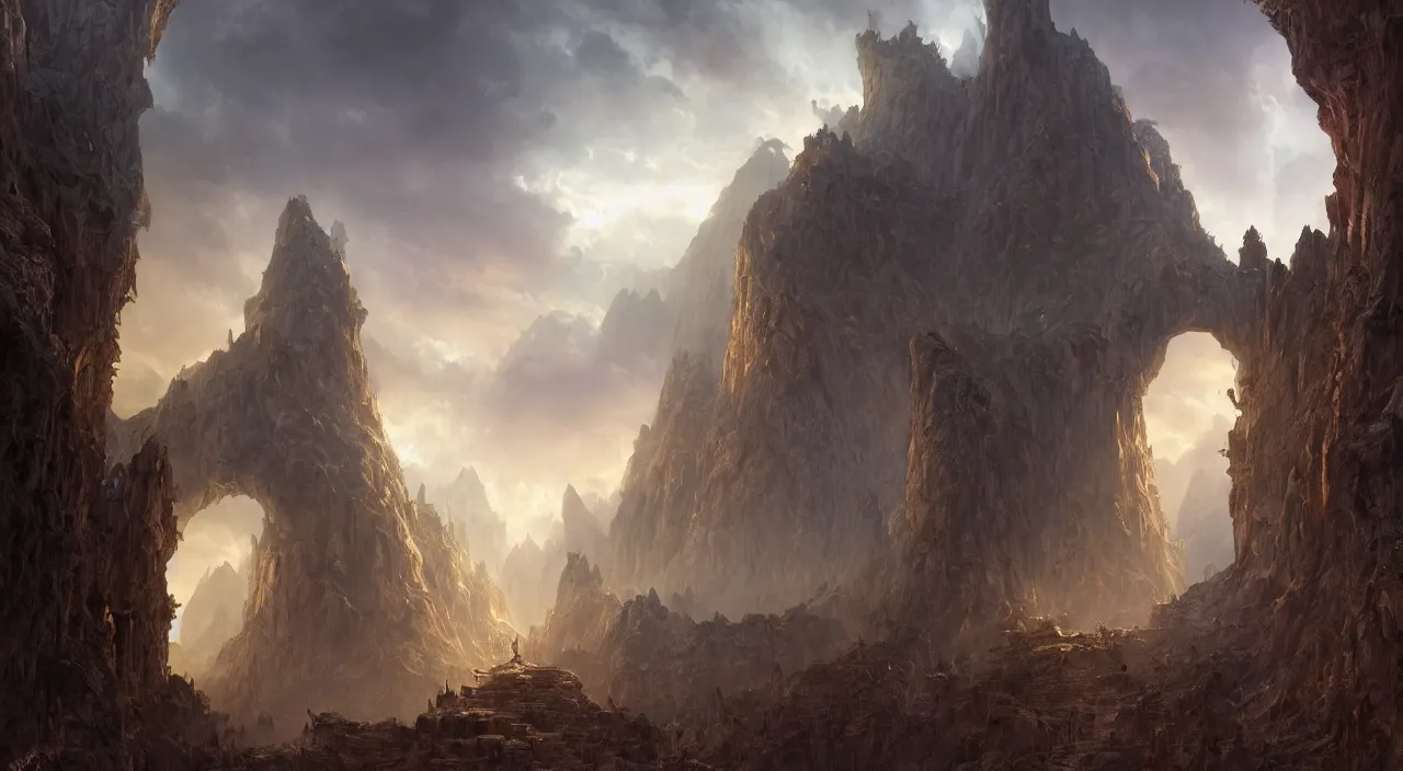 Image similar to a beautiful hyper realistic detailed matte painting of the entrance to a dungeon of the gods at the base of an ancient mountain, dramatic lighting, dynamic lighting, cinematic lighting, lit by morning light, by Finnian MacManus and Jessica Rossier, unreal engine, featured on artstation, ultrawide angle, f8, polarizer filter:10