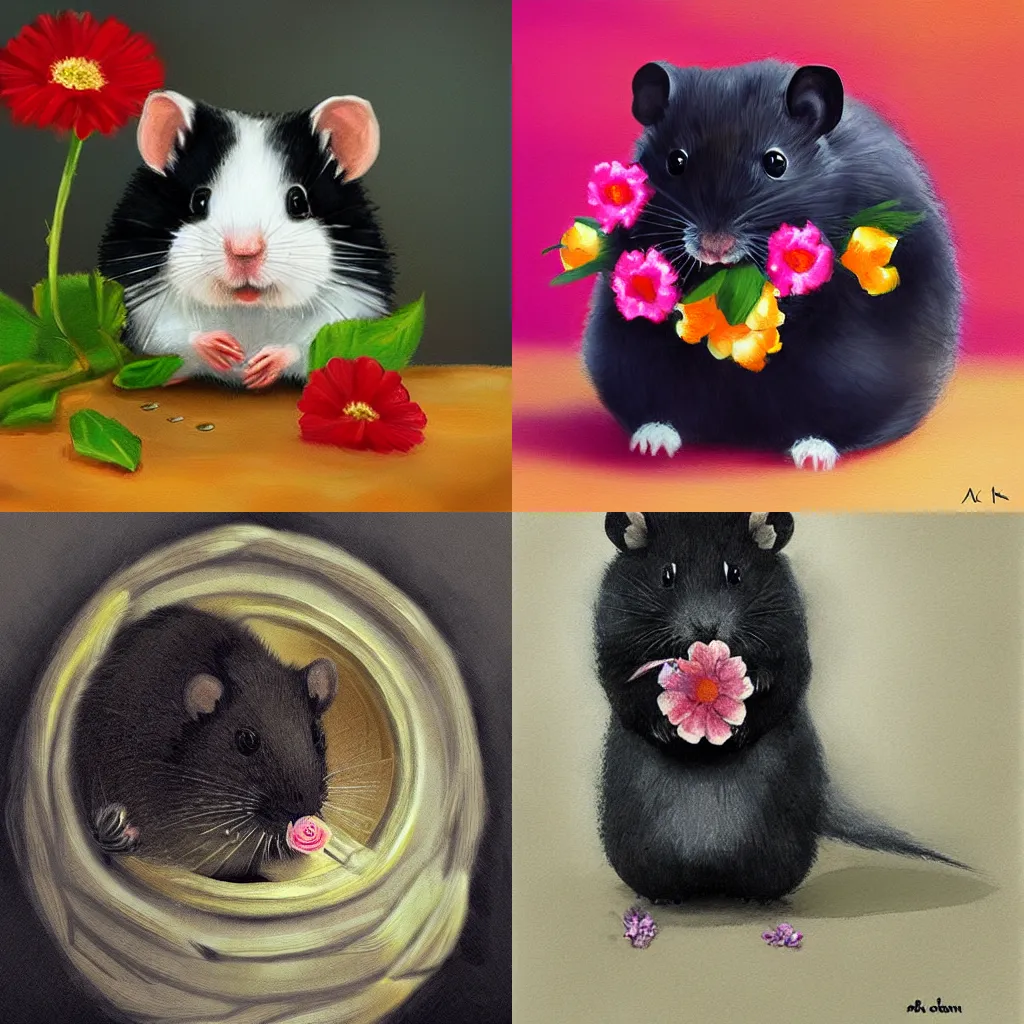 Prompt: a black Syrian Hamster eating flowers, artstation, digital painting, highly detailed