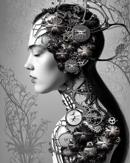 Image similar to monochrome profile portrait painting, dutch masters, silver lace floral steampunk biomechanical beautiful young female cyborg with one techno eye, monocular, volumetric light, leaves foliage and stems, hibiscus flowers, alexander mcqueen, rim light, big gothic fashion pearl embroidered collar, 8 k