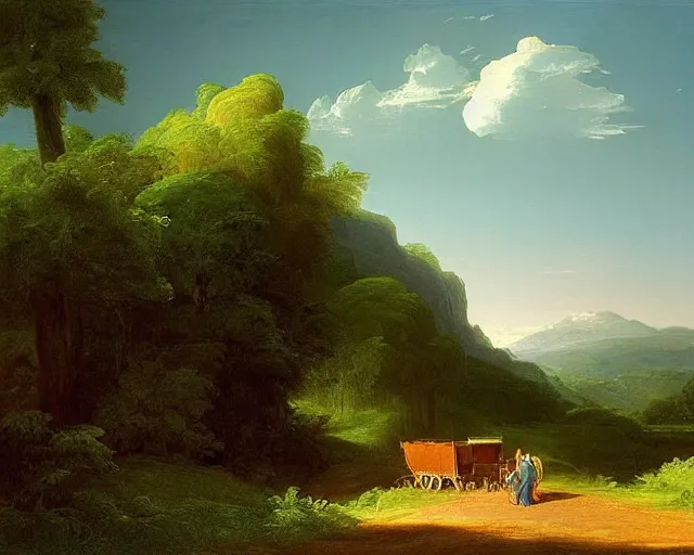 Image similar to a painting of a covered wagon traveling down a road, lush countryside, early morning, masterpiece by thomas cole