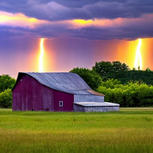Prompt: lighting strikes at barn in the open fields, complementary colors