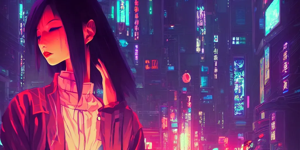 Image similar to digital illustration closeup of cyberpunk geisha in city street at night by makoto shinkai, ilya kuvshinov, lois van baarle, rossdraws, basquiat | afrofuturism, in the style of hearthstone, trending on artstation | cool color scheme