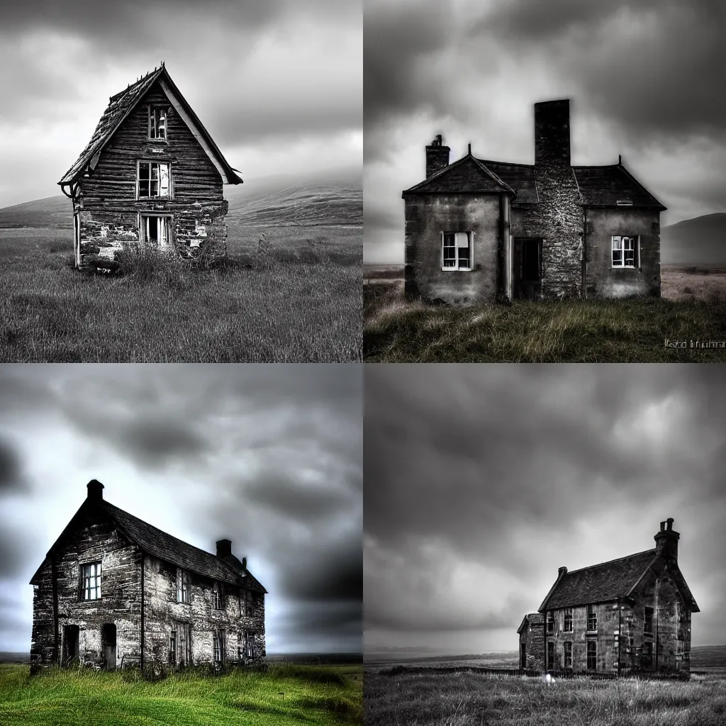 Prompt: abandoned scottish house in a moody weather by Kechun Zhang